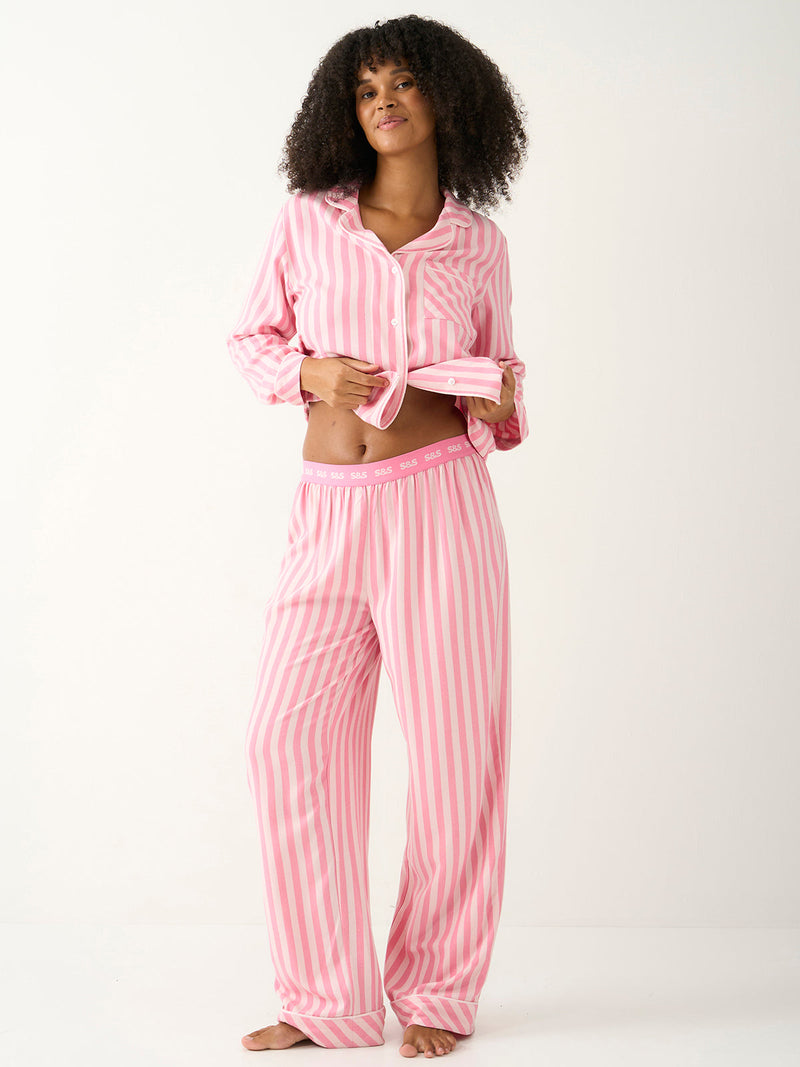 Ecovero Logo Waistband Pyjama Bottoms in Pink Pop Stripe, front