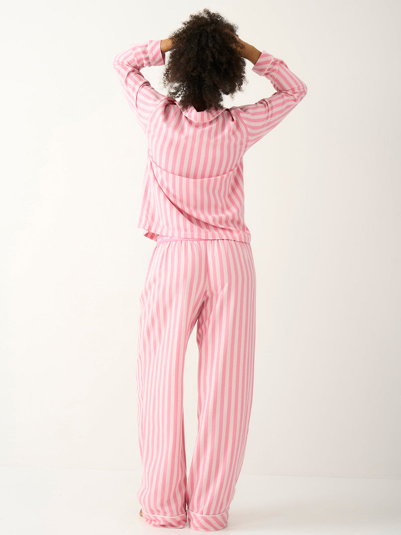 Ecovero Logo Waistband Pyjama Bottoms in Pink Pop Stripe, on model