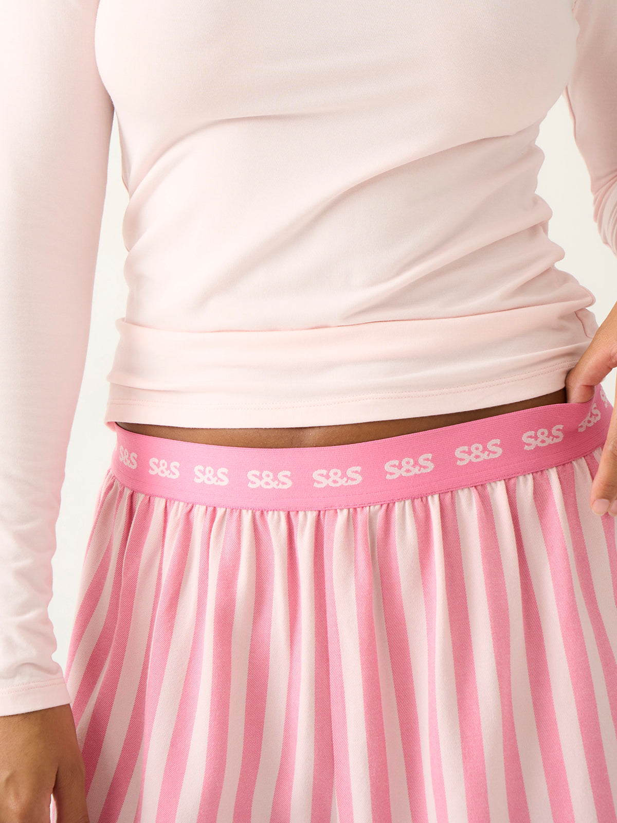 Ecovero Pyjama Shorts in Pink Pop Stripe, on model