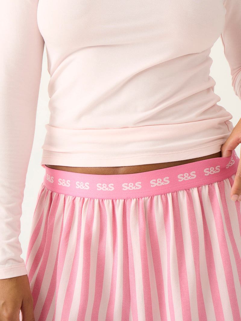 Ecovero Pyjama Shorts in Pink Pop Stripe, on model