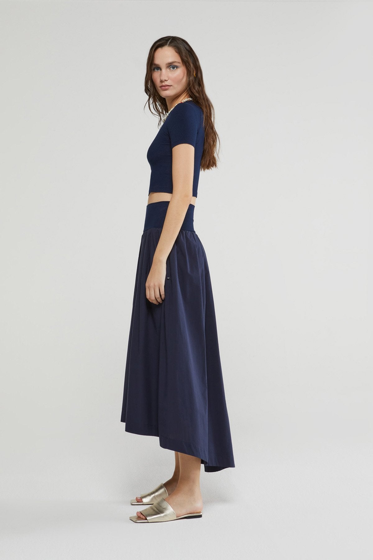 Ottod'Ame Poplin Long Skirt, Navy