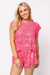 Queen of Sparkles - Full Sequin Zig Zag Shorts - Neon Pink
