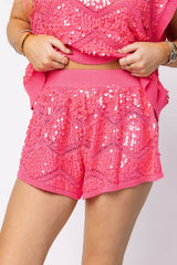 Queen of Sparkles - Full Sequin Zig Zag Shorts - Neon Pink