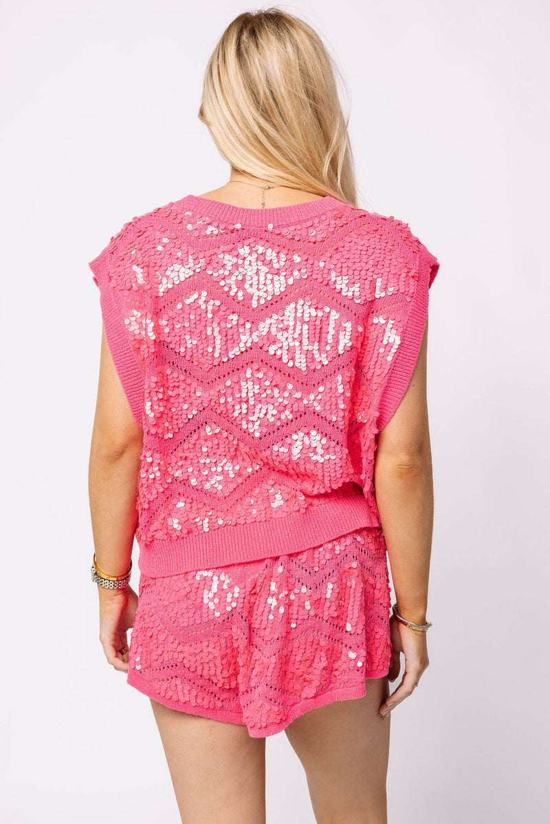 Queen of Sparkles - Full Sequin Zig Zag Shorts - Neon Pink