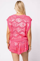 Queen of Sparkles - Full Sequin Zig Zag Sweater Tank - Neon Pink