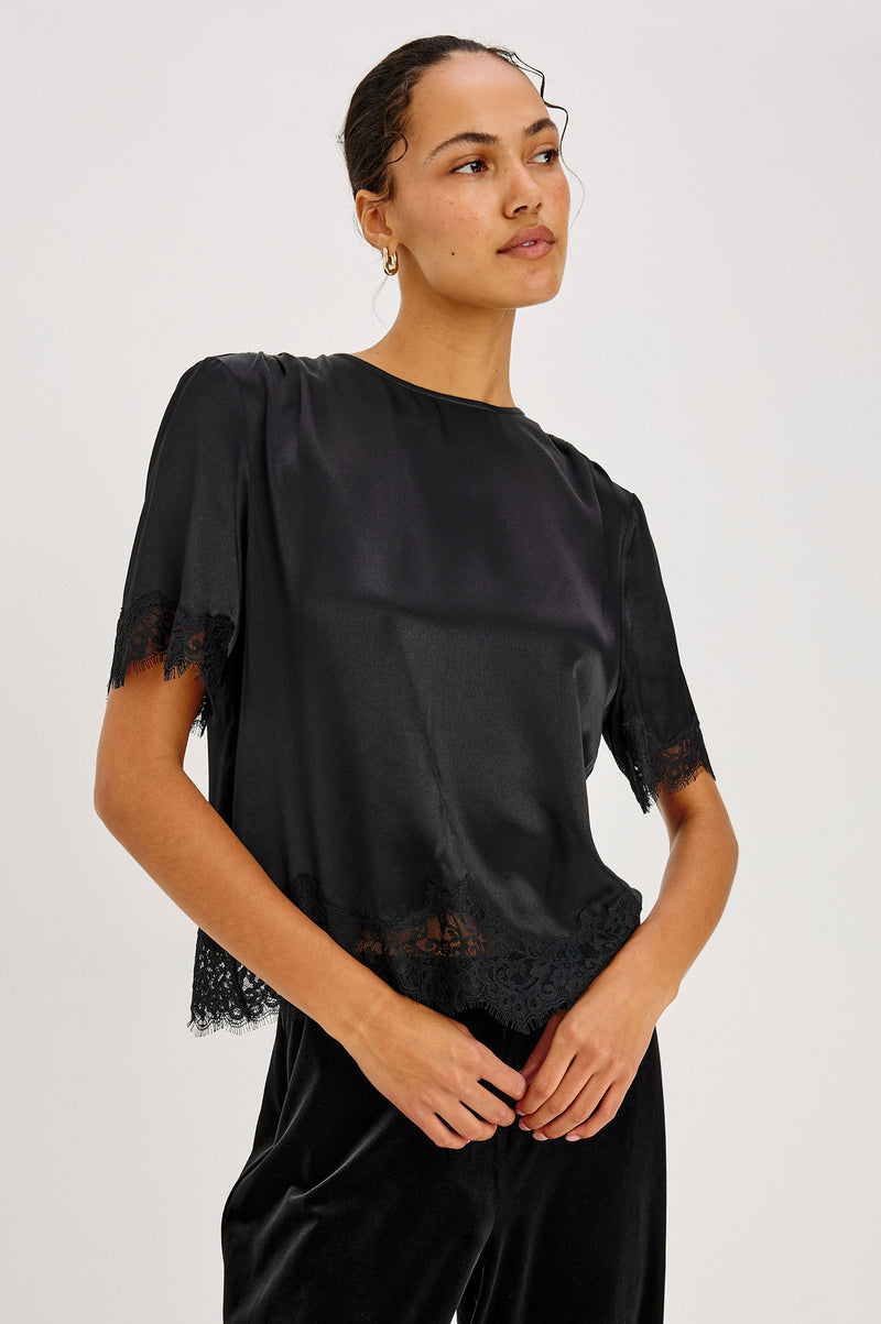 Sonora Top in Black satin, front view on model