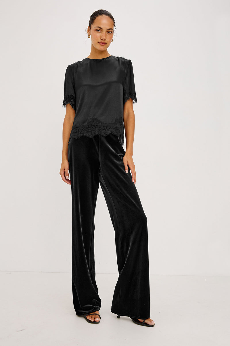 Sonora Top in Black satin, full length view on model