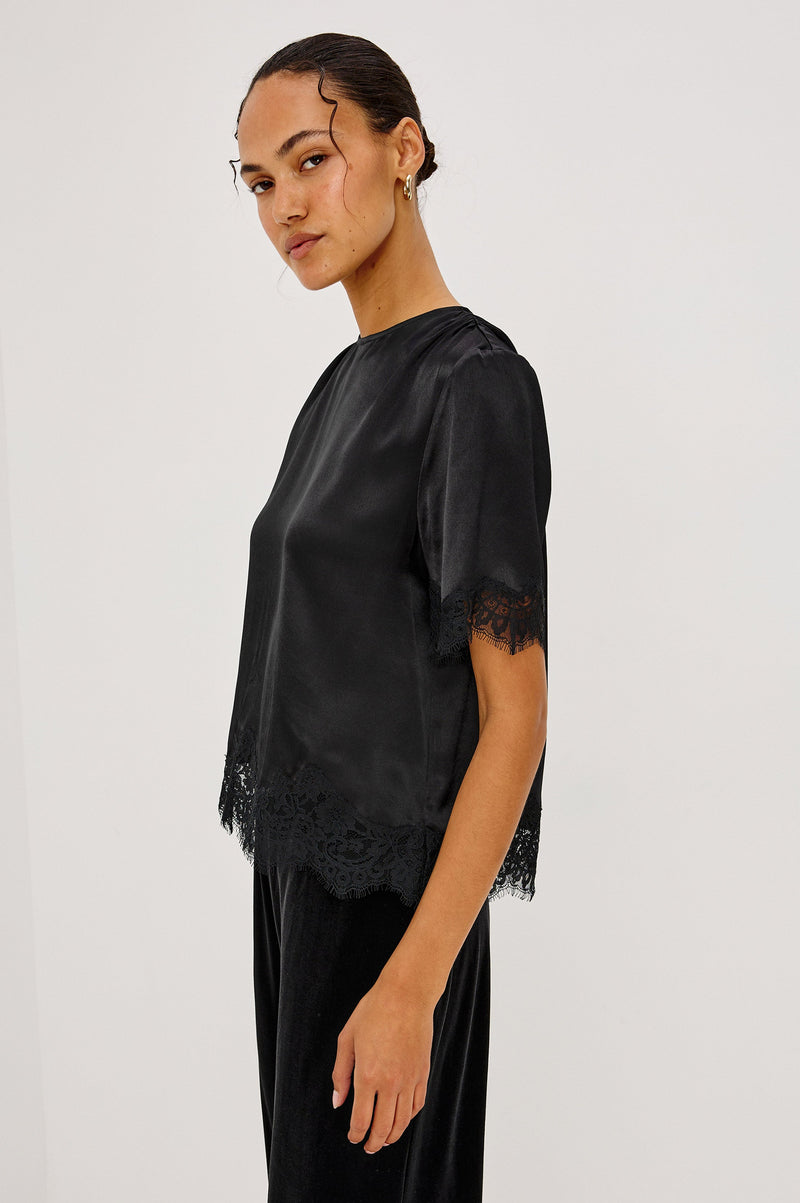 Sonora Top in Black satin, side view on model