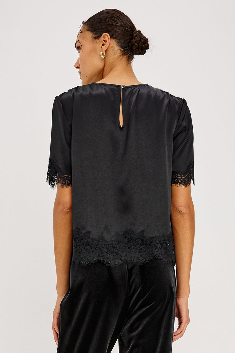 Sonora Top in Black satin, back view on model