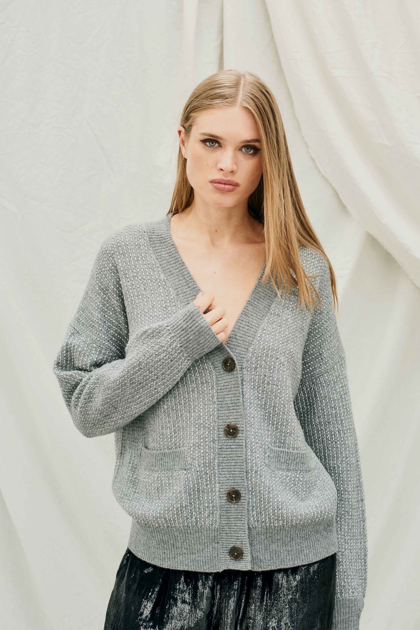 Jumper 1234 - Cashmere Wool Lurex Birdseye Cardigan - Mid Grey and Silver