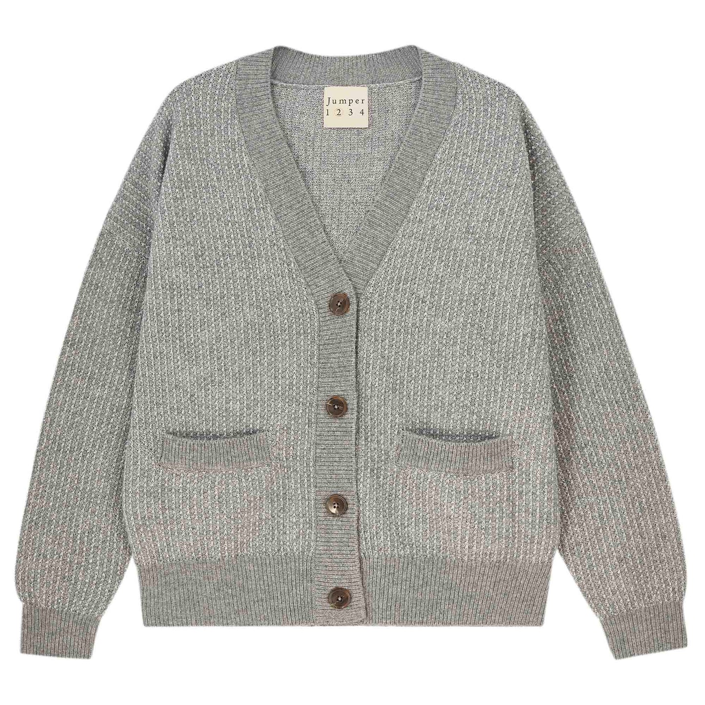 Jumper 1234 - Cashmere Wool Lurex Birdseye Cardigan - Mid Grey and Silver
