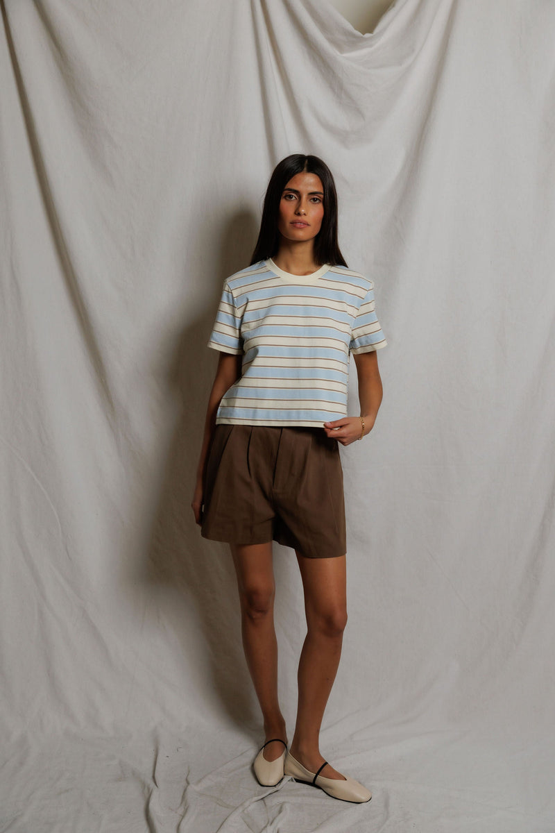 PerfectWhiteTee - Gia Stripe Short Sleeve Crew Tee - Powder Blue Stripe
