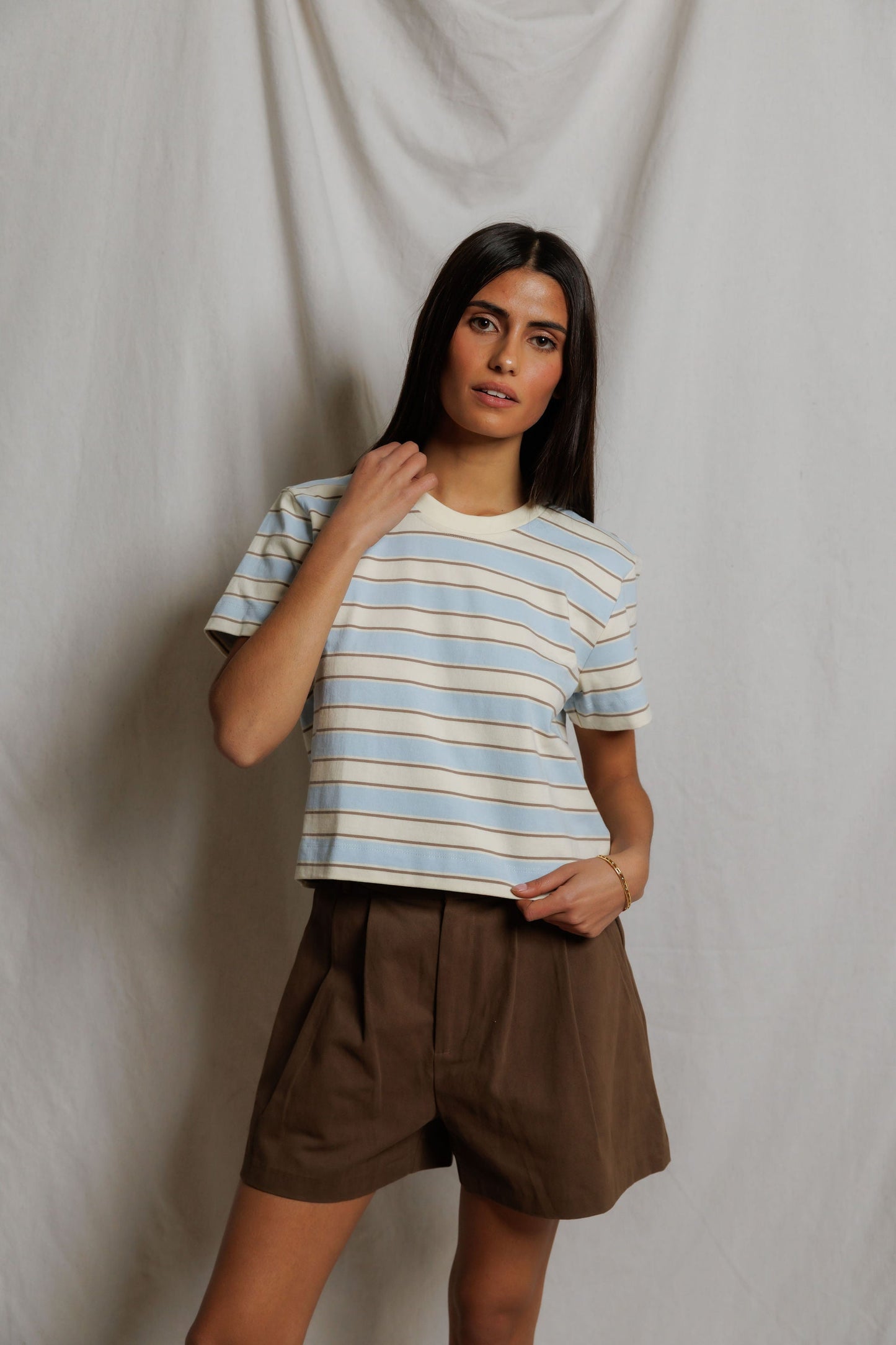 PerfectWhiteTee - Gia Stripe Short Sleeve Crew Tee - Powder Blue Stripe
