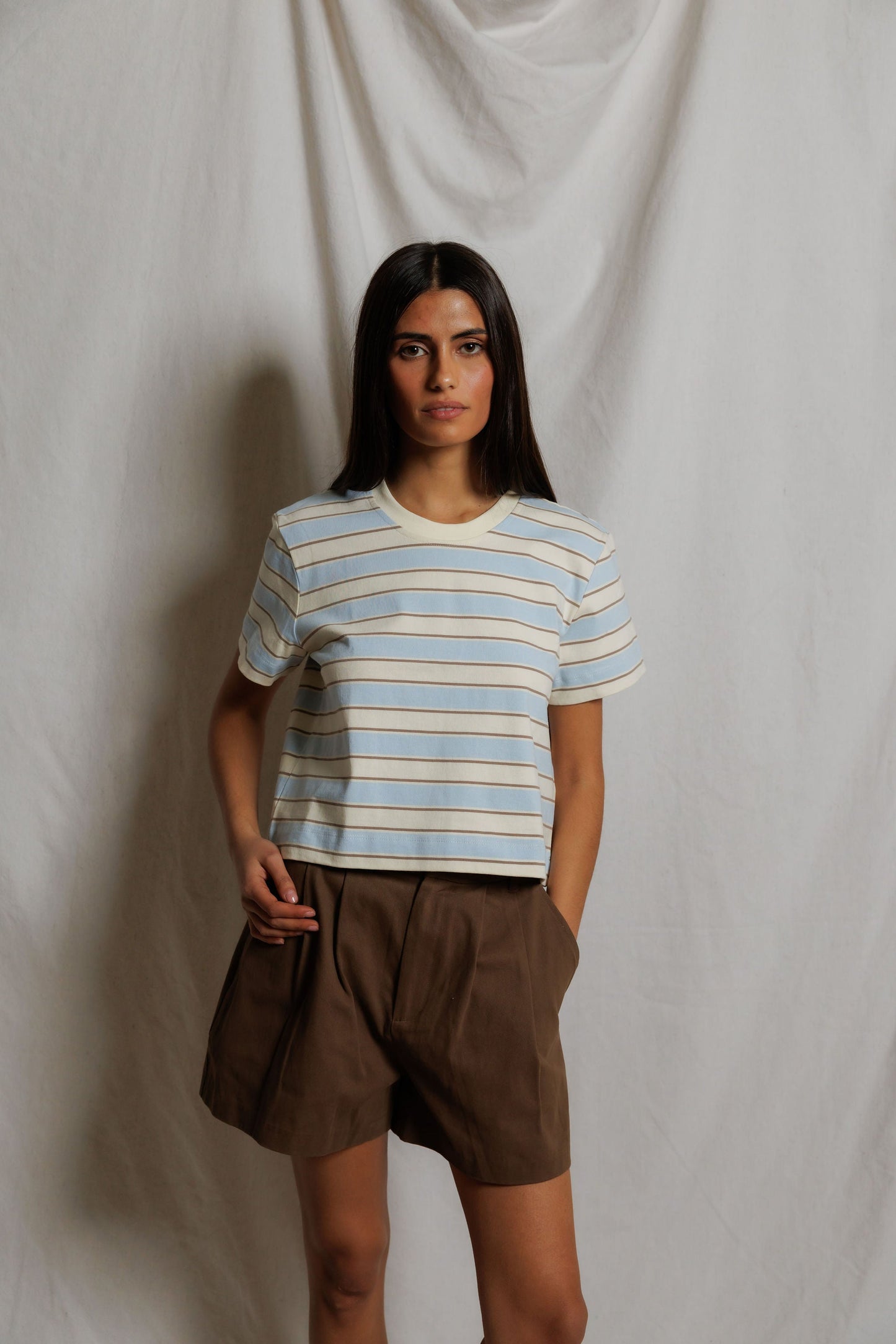 PerfectWhiteTee - Gia Stripe Short Sleeve Crew Tee - Powder Blue Stripe