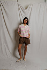 PerfectWhiteTee - Daria Cotton Collared Rugby Bracelet-Length Sleeve Shirt - Sugar Pink Mocha Stripe