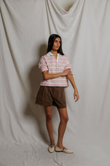 PerfectWhiteTee - Daria Cotton Collared Rugby Bracelet-Length Sleeve Shirt - Sugar Pink Mocha Stripe