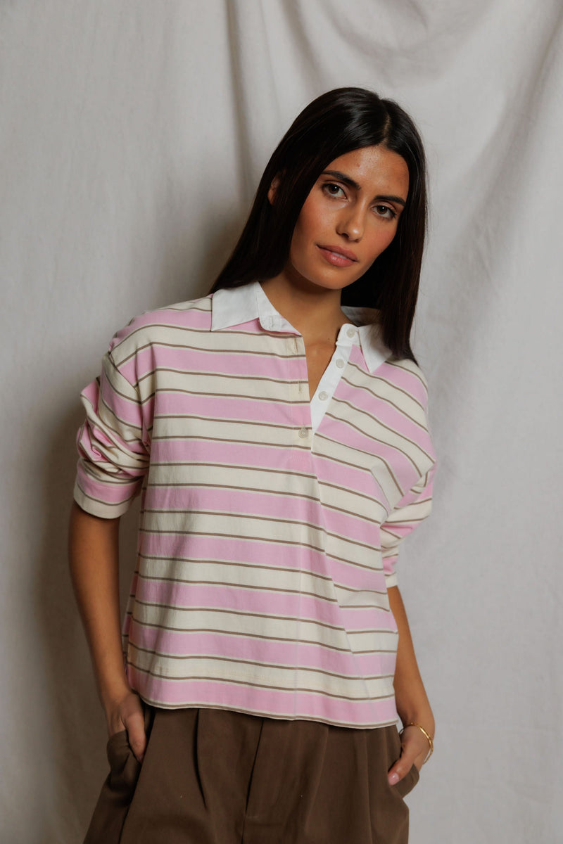 PerfectWhiteTee - Daria Cotton Collared Rugby Bracelet-Length Sleeve Shirt - Sugar Pink Mocha Stripe