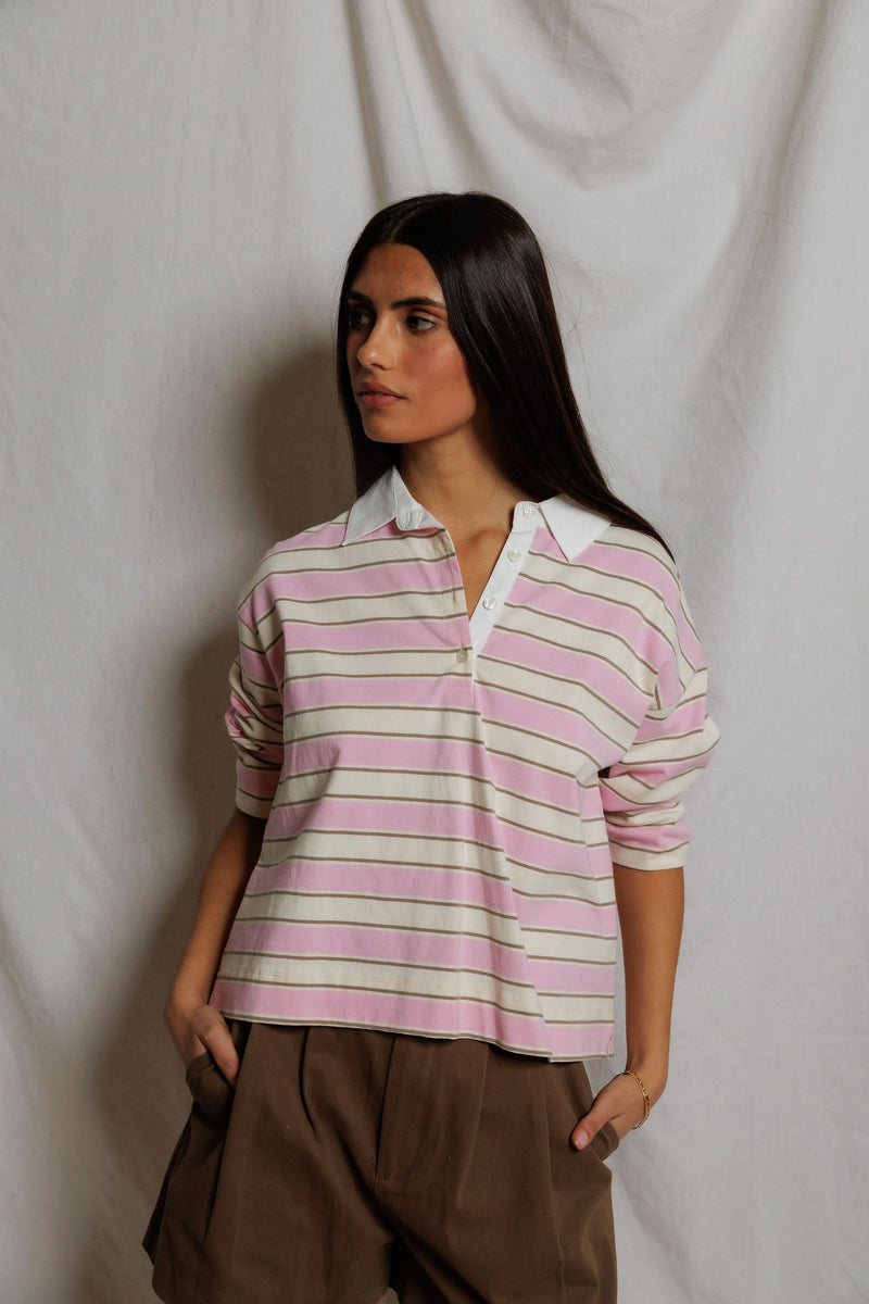 PerfectWhiteTee - Daria Cotton Collared Rugby Bracelet-Length Sleeve Shirt - Sugar Pink Mocha Stripe