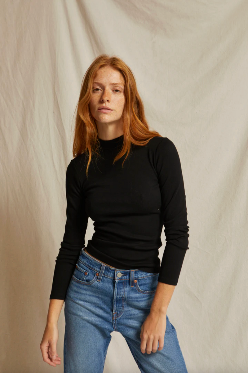 PerfectWhiteTee - Lauryn Rib Mock Neck Long Sleeve - True Black