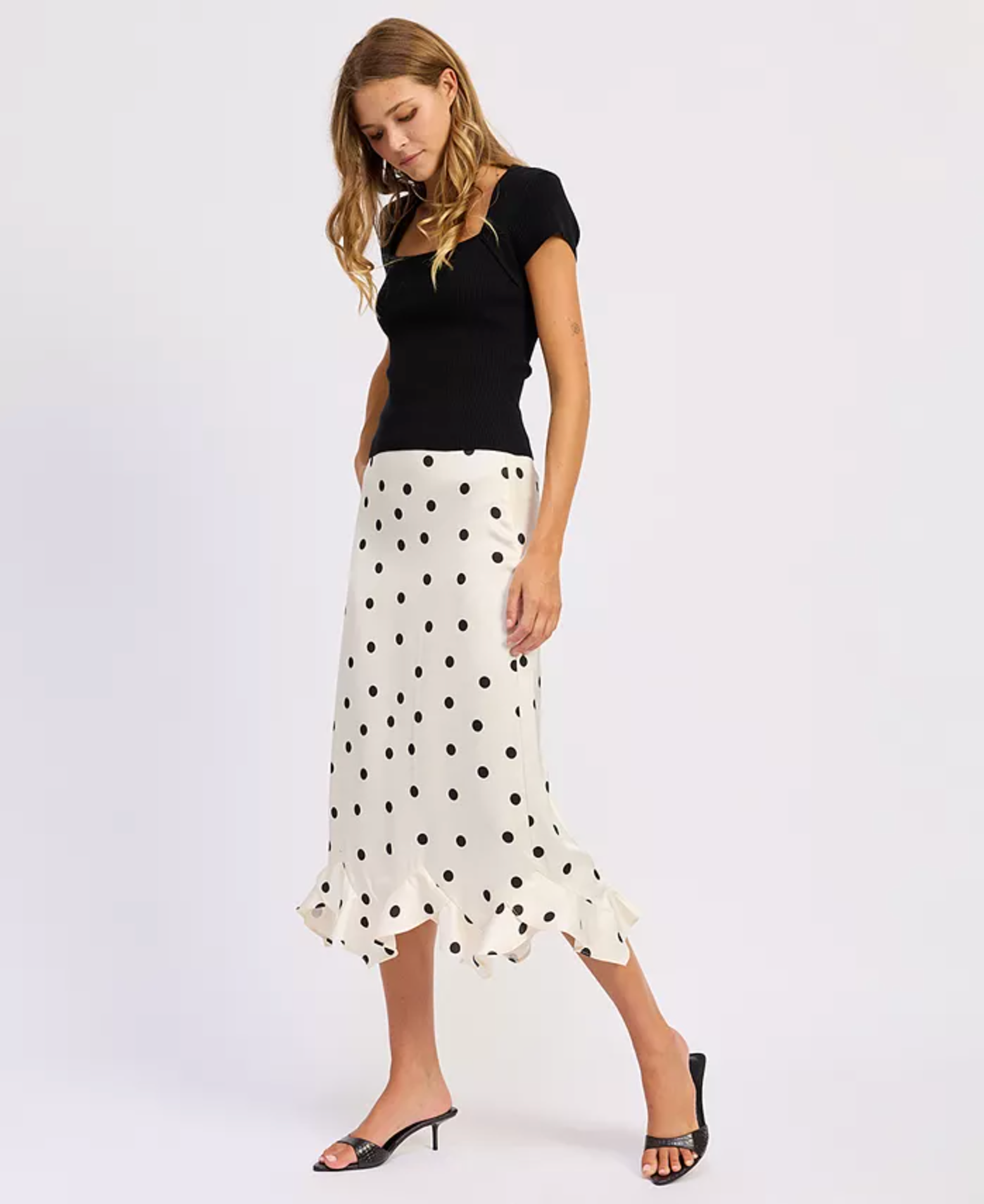 En Saison - Bias Satin Angle Ruffle Hem Maxi Slip Skirt - Ivory Black