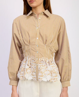 En Saison - Pleated Waist Collared Shirt Blouse with Floral Embroidered Peplum Hem - White Mustard