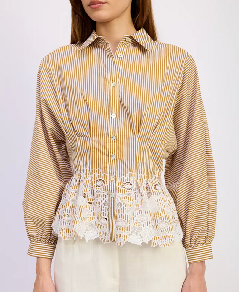 En Saison - Pleated Waist Collared Shirt Blouse with Floral Embroidered Peplum Hem - White Mustard