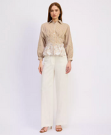 En Saison - Pleated Waist Collared Shirt Blouse with Floral Embroidered Peplum Hem - White Mustard