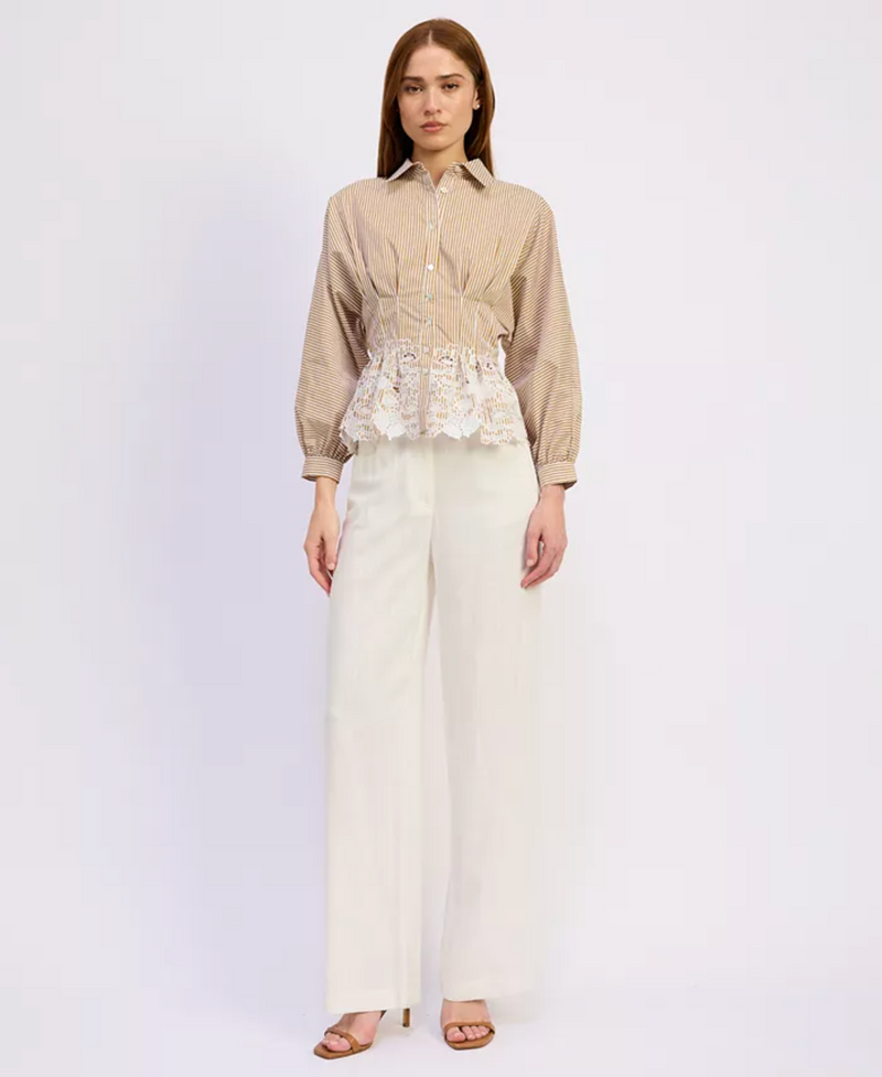 En Saison - Pleated Waist Collared Shirt Blouse with Floral Embroidered Peplum Hem - White Mustard