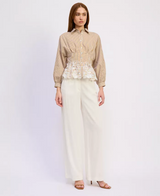 En Saison - Pleated Waist Collared Shirt Blouse with Floral Embroidered Peplum Hem - White Mustard