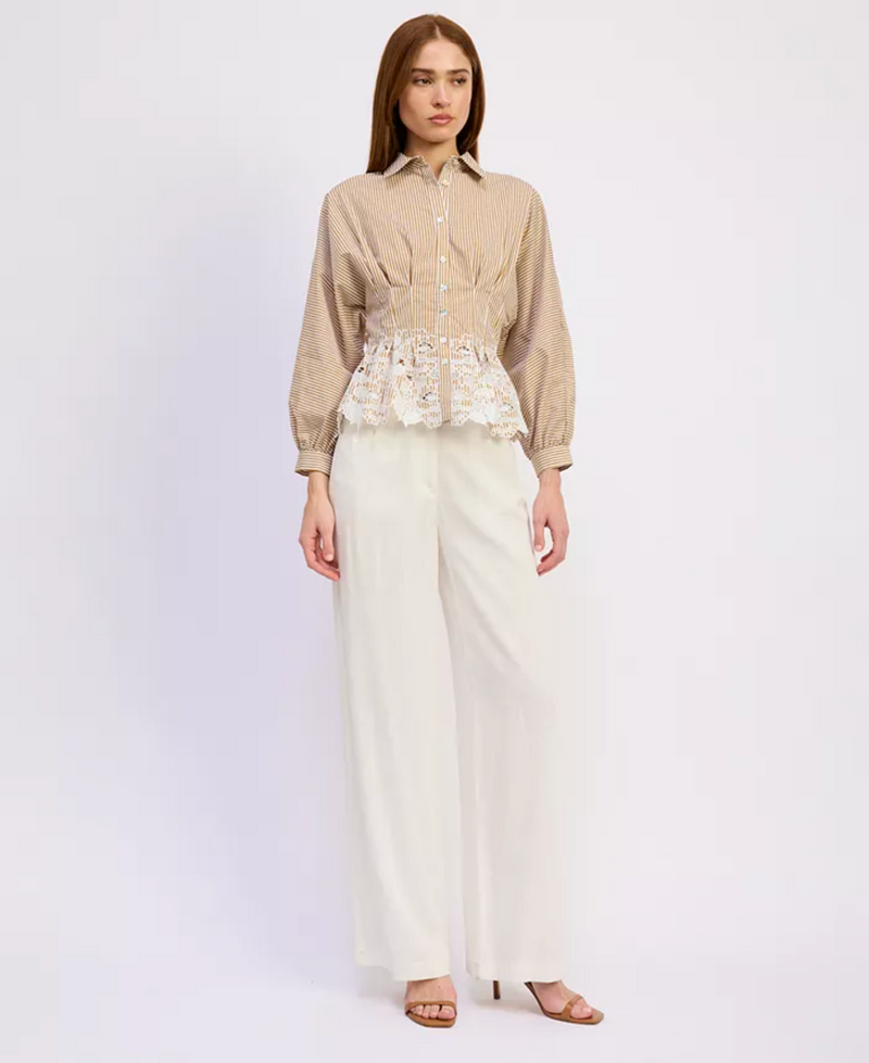 En Saison - Pleated Waist Collared Shirt Blouse with Floral Embroidered Peplum Hem - White Mustard