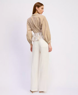 En Saison - Pleated Waist Collared Shirt Blouse with Floral Embroidered Peplum Hem - White Mustard