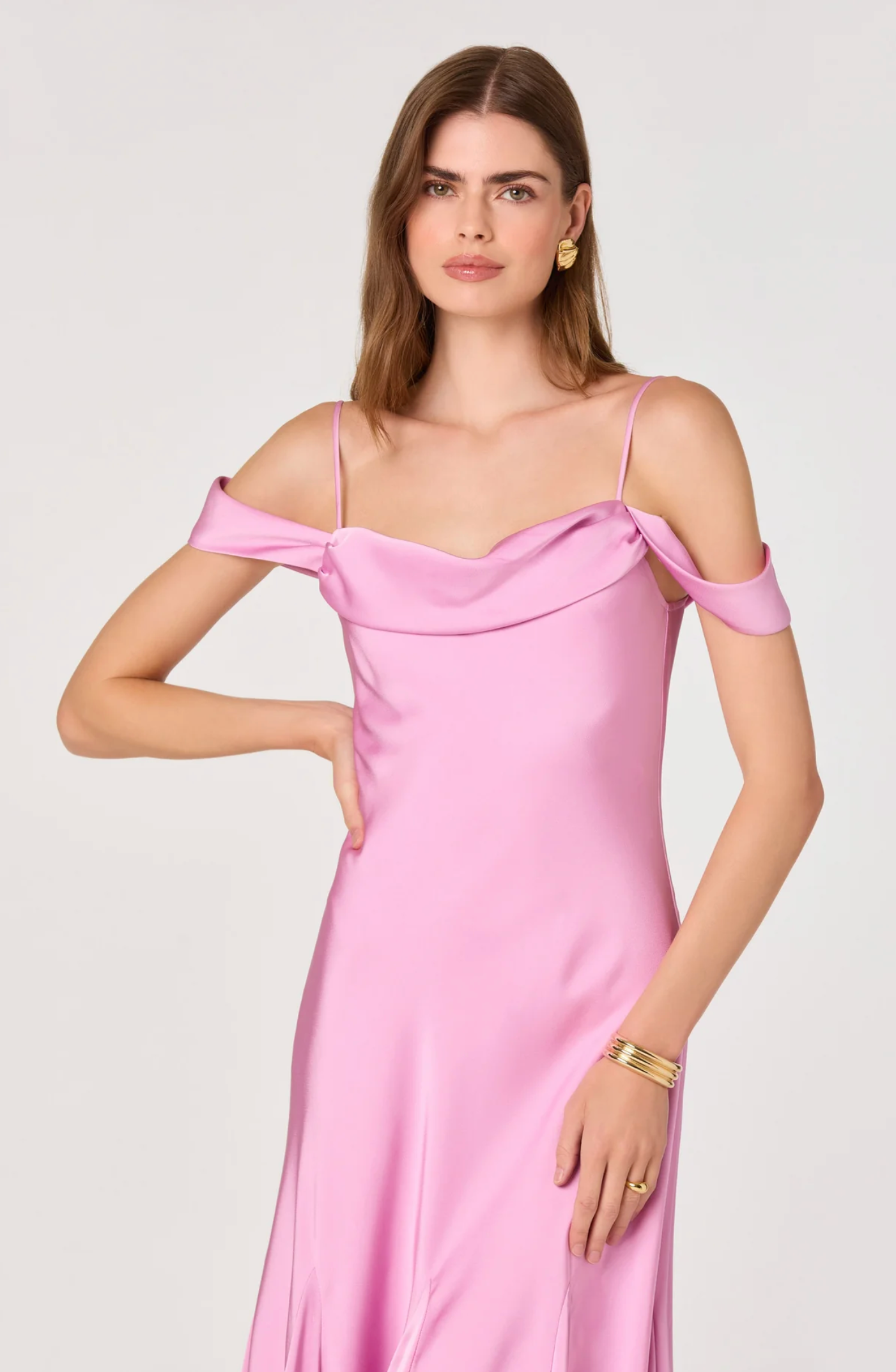 ASTR the Label | Araxie Satin Off-Shoulder Godet Midi Dress in Pink