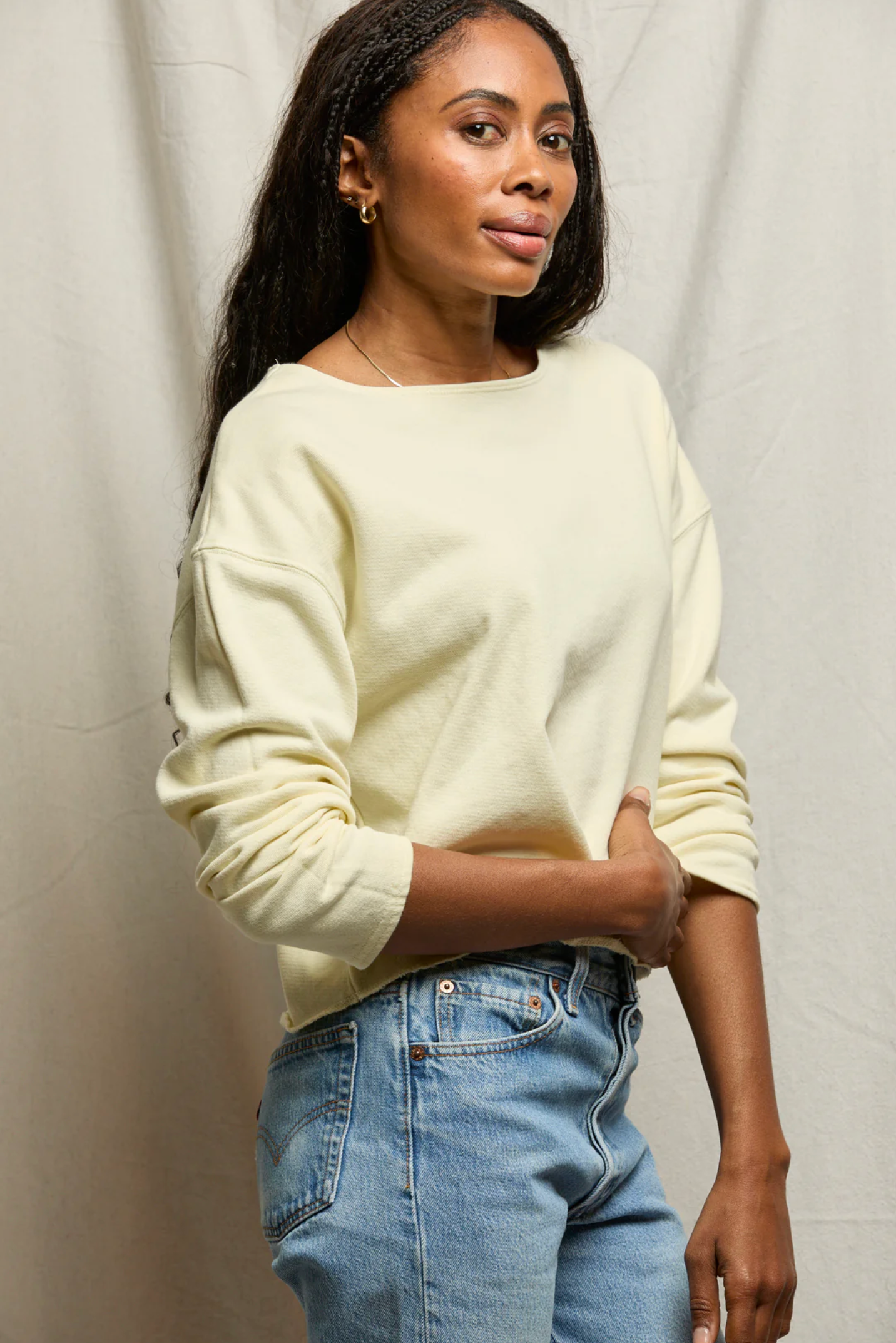 PerfectWhiteTee - Briana French Terry Long Sleeve Tee - Custard