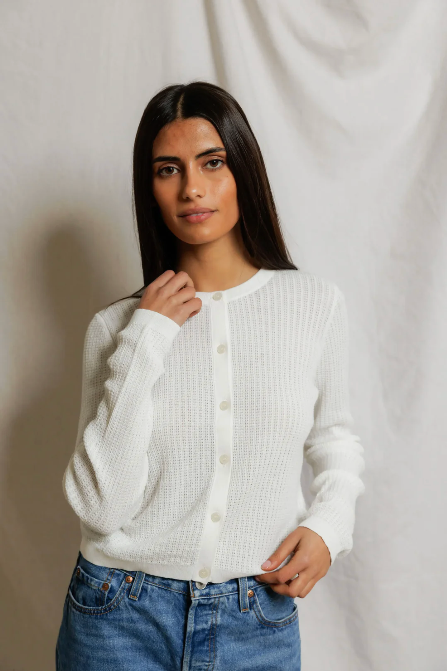 PerfectWhiteTee - Ada Pointelle Button Down Long Sleeve Sweater - White