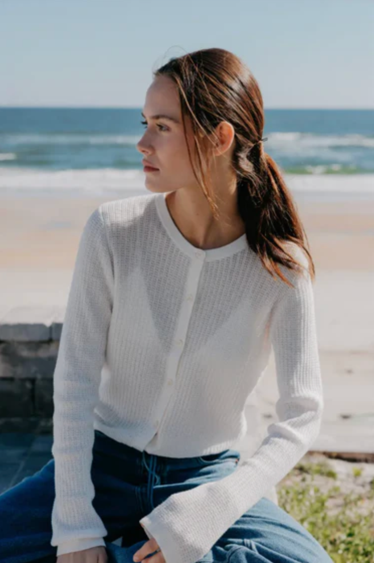PerfectWhiteTee - Ada Pointelle Button Down Long Sleeve Sweater - White