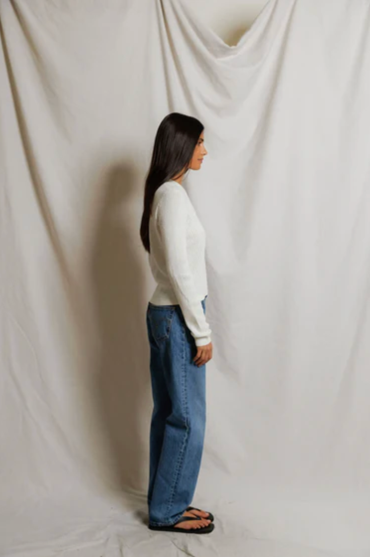 PerfectWhiteTee - Ada Pointelle Button Down Long Sleeve Sweater - White