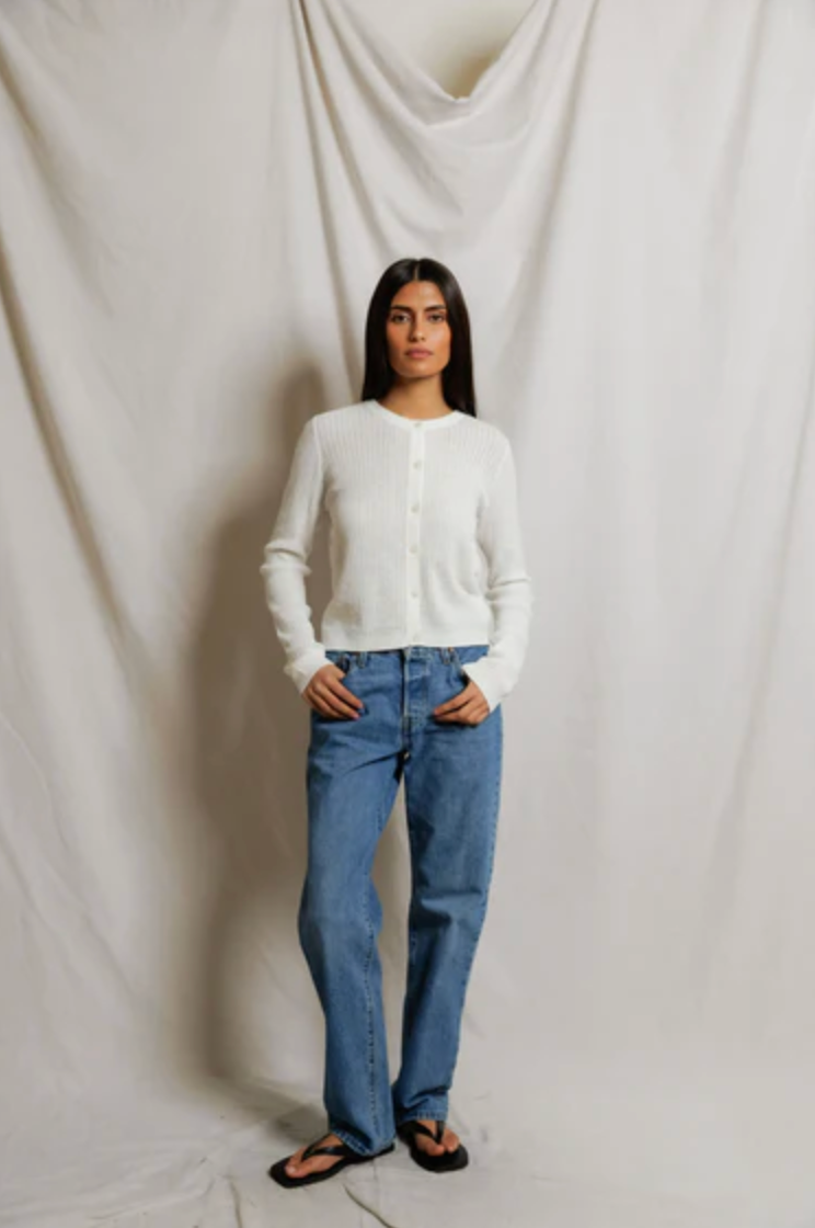 PerfectWhiteTee - Ada Pointelle Button Down Long Sleeve Sweater - White