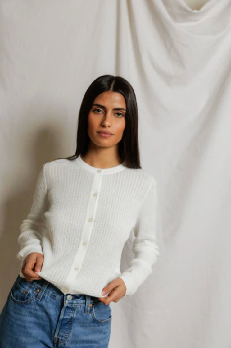 PerfectWhiteTee - Ada Pointelle Button Down Long Sleeve Sweater - White