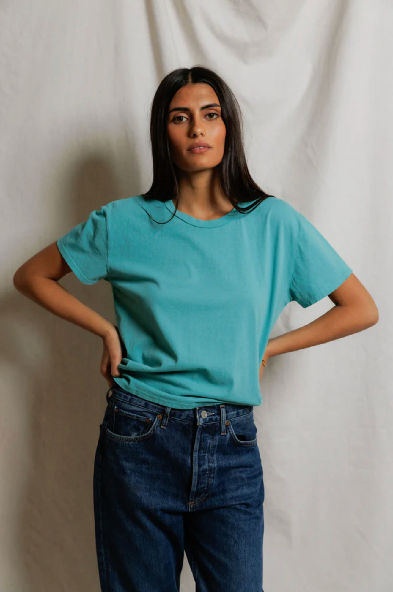 PerfectWhiteTee - Harley Cotton Boxy Crewneck Tee - Teal Blue