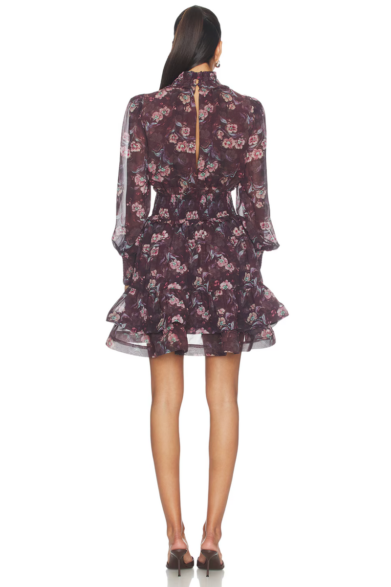 Elliatt - Rosaria Long Sleeves High Neck Mini Dress - Plum Multi