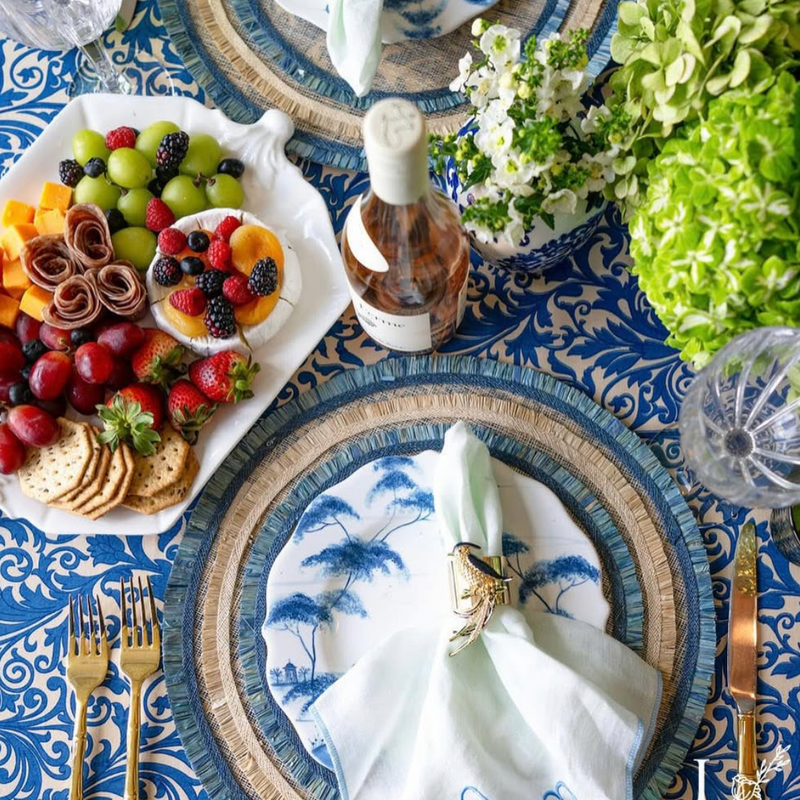 Ruffle edge straw placemat, indigo, set of four