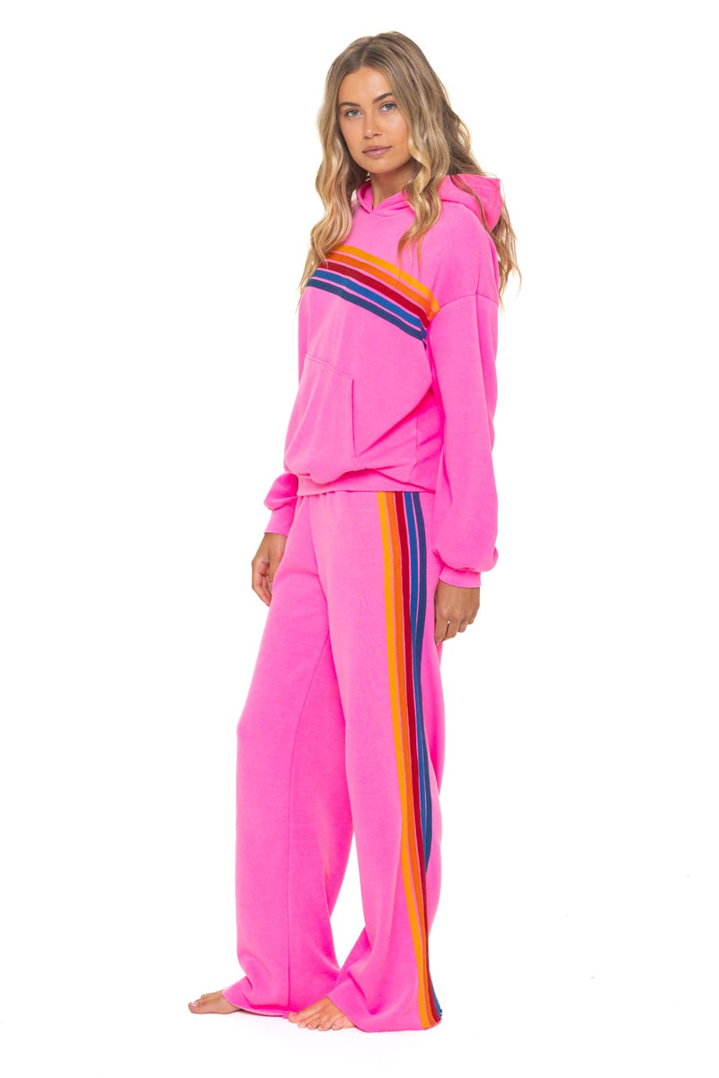 5 Stripe Relaxed Pullover Hoodie in Neon Pink, on model