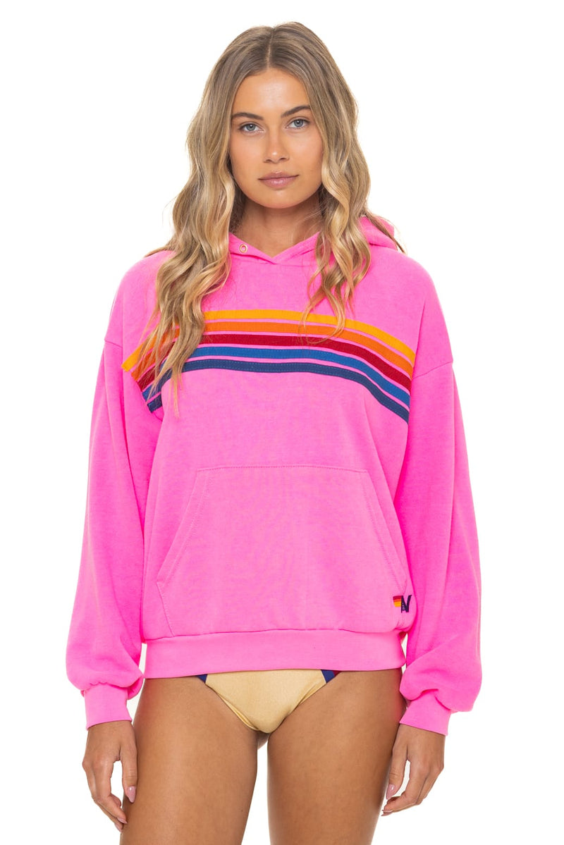 5 Stripe Relaxed Pullover Hoodie in Neon Pink, on model