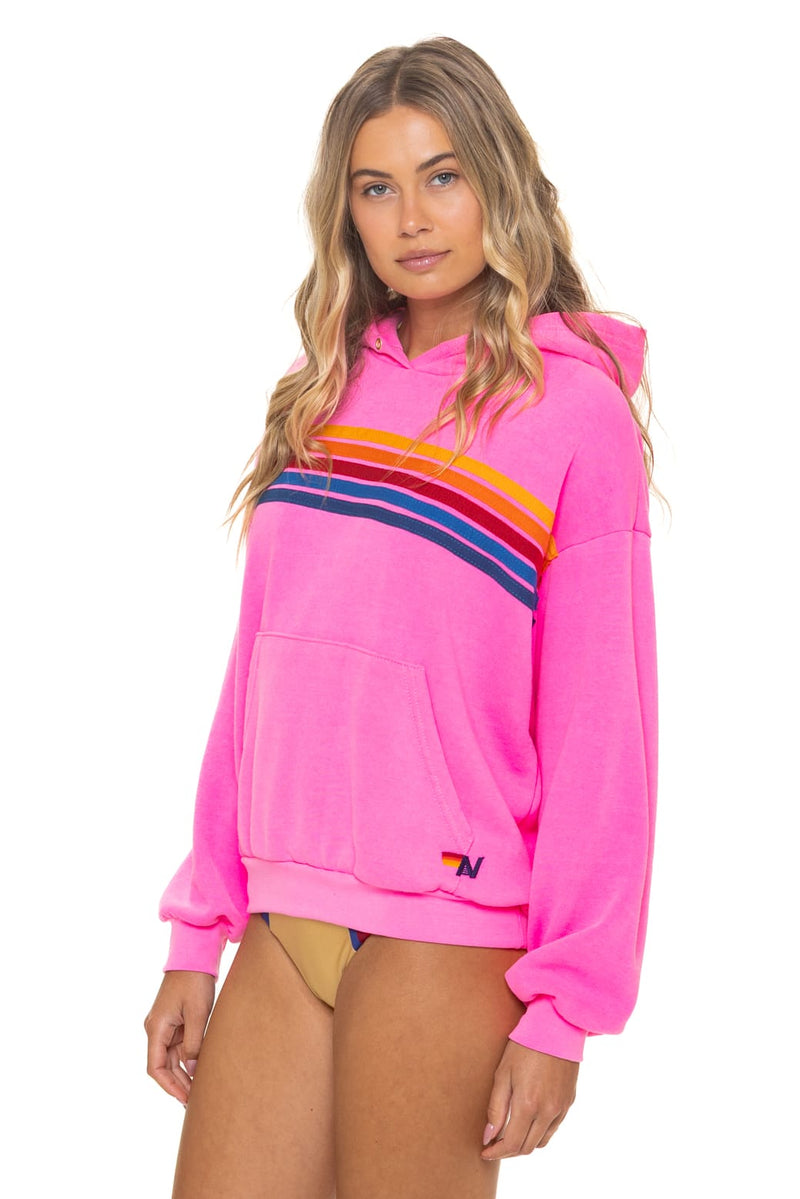 5 Stripe Relaxed Pullover Hoodie in Neon Pink, on model