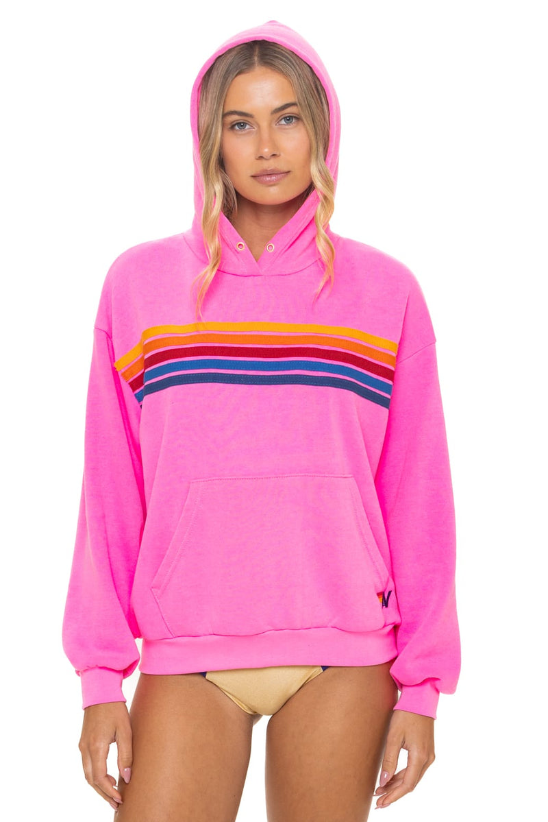 5 Stripe Relaxed Pullover Hoodie in Neon Pink, on model