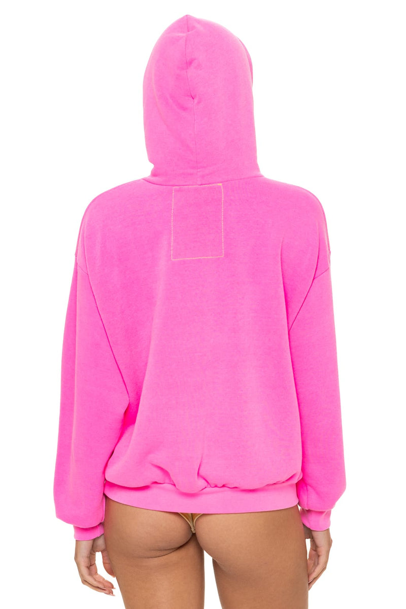 5 Stripe Relaxed Pullover Hoodie in Neon Pink, on model
