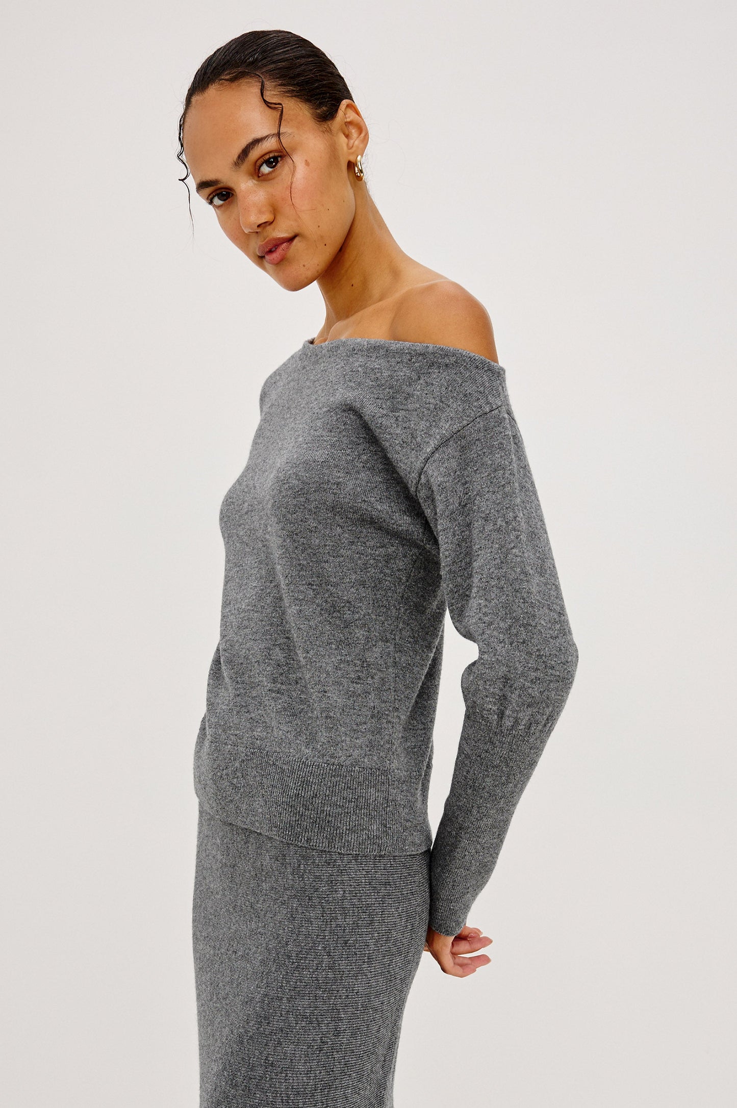 Tianna Sweater in Heather Charcoal, front view on model