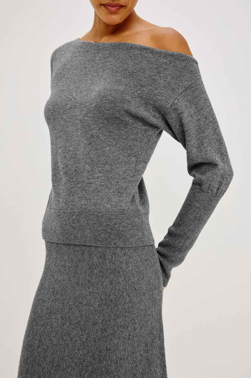 Tianna Sweater in Heather Charcoal, front detail view on model