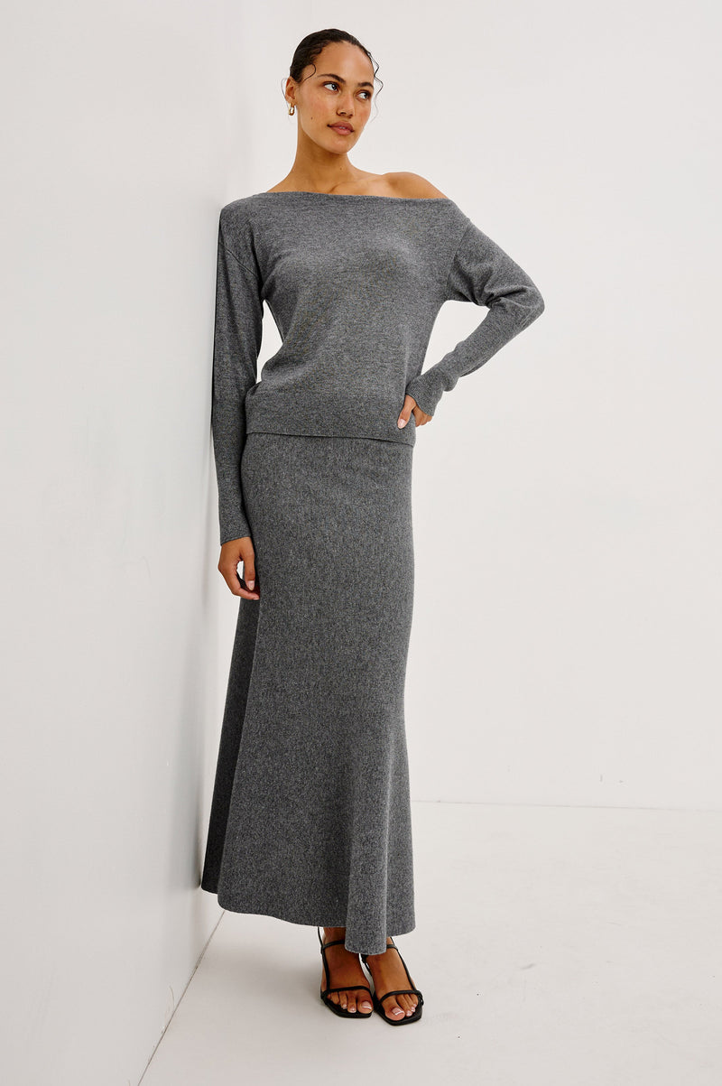 Tianna Sweater in Heather Charcoal, full length view on model