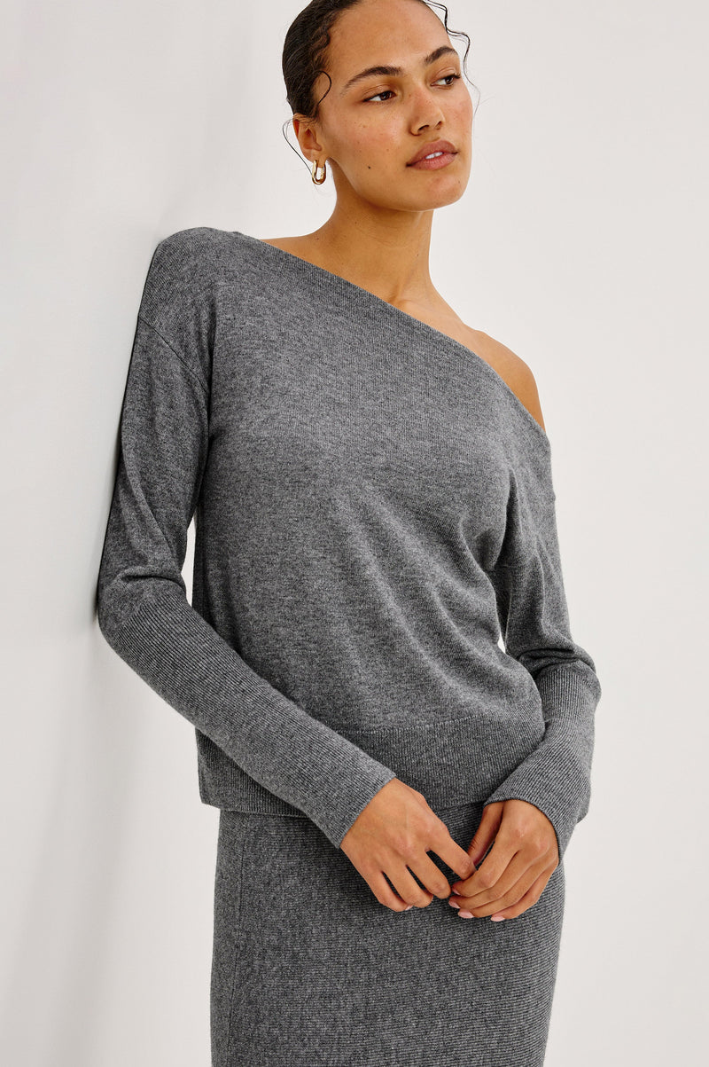 Tianna Sweater in Heather Charcoal, front view on model